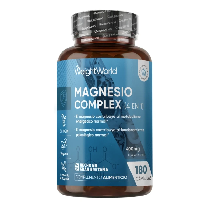 Magnesio Complex 1700 mg - 180 cápsulas - Con 4 formas de Magnesio: Bisglicinato, Citrato, Malato y Taurato - Alta Absorción y Vitalidad sin OGM ni es
