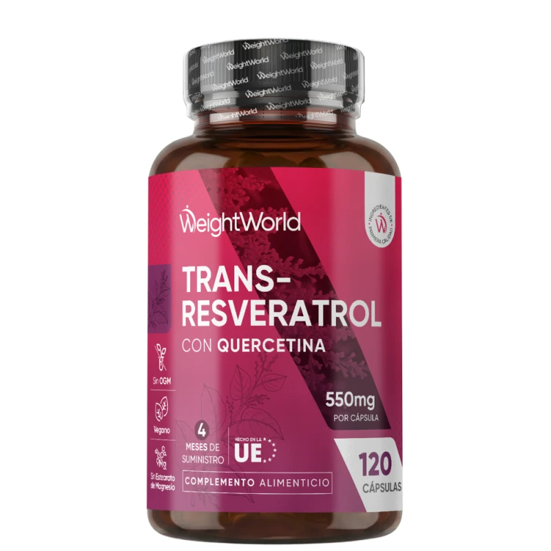Trans-Resveratrol 500 mg + Quercetina 50 mg · 120 Cápsulas · Fórmula Antioxidante