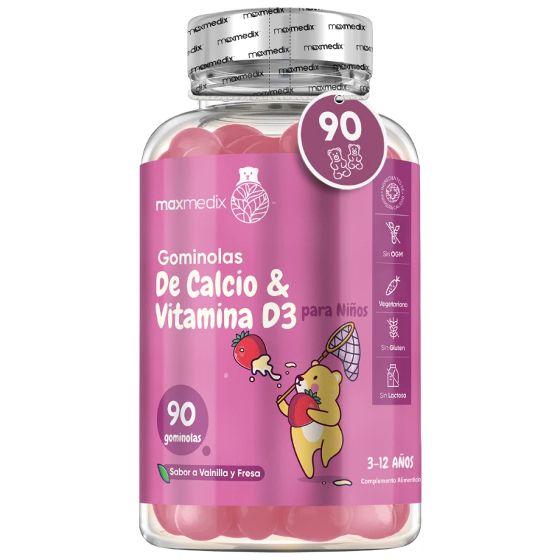Gominolas de Calcio y Vitamina D3 para Niños - 90 Gummies Sabor a Vainilla y Fresa