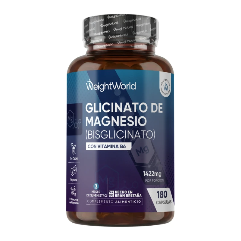 Glicinato de Magnesio - 1422 mg 180 cápsulas - Con Vitamina B6 para Reducir el Cansancio y Contribuir al Mantenimiento de Huesos y Músculos
