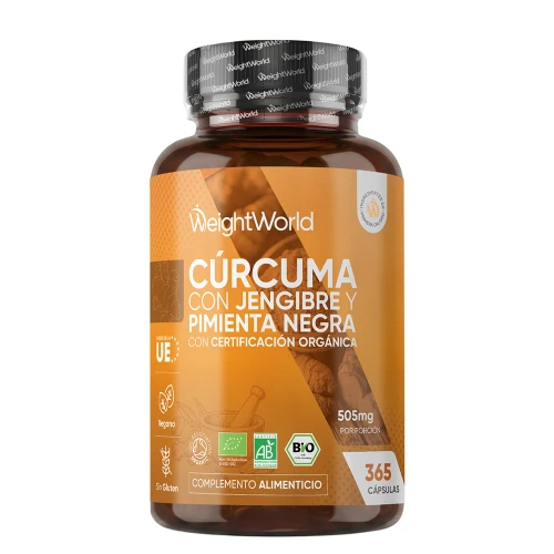 Cúrcuma Orgánica con Jengibre y Pimienta Negra - 505 mg 365 cápsulas - Salud de Articulaciones, Músculos y Piel