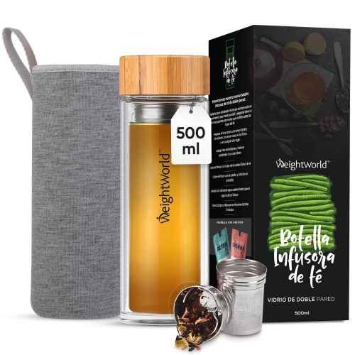 Botella de Infusión de Té - 500ml de Té - Doble Capa de Vidrio con Tapa de Bambú