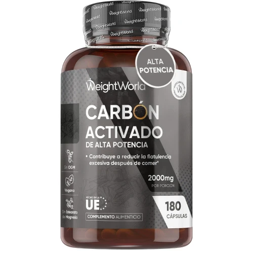 Cápsulas de Carbón Activado 2000 mg 180 unidades - De Origen Vegetal, sin OGM ni Estearato - Ayuda a Reducir Flatulencias Tras las Comidas