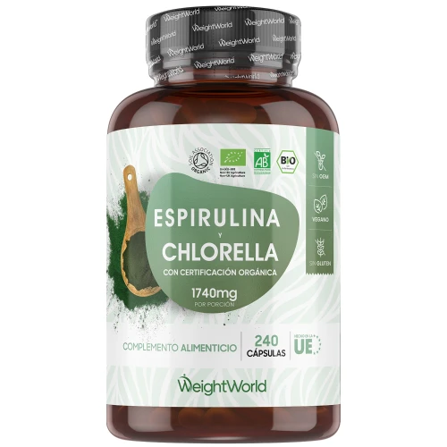 Espirulina y Chlorella Orgánicas 1740 mg - 180 cápsulas - Superalimentos Verdes para Potenciar tu Bienestar