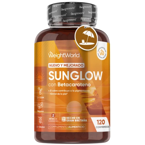Suplemento Sunglow para un Verano con Color - 120 comprimidos - Fórmula natural con betacaroteno, zinc, vitamina B3 y betacaroteno