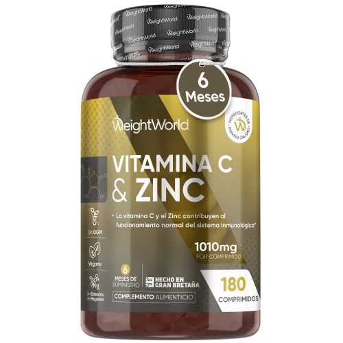 Vitamina C 1000 mg + Zinc 10 mg · 180 Comprimidos · 6 Meses de Suministro · Apoyo Inmunitario