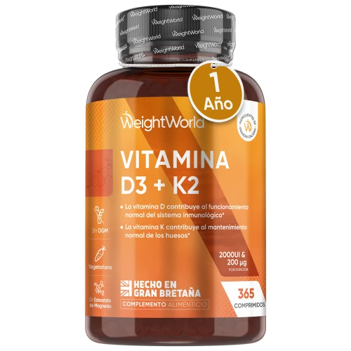 Vitamina D3 + K2 Vegana 2000 UI 200 mcg - 365 Comprimidos - Para Sistema Inmune y Cuidado de Huesos y Músculos