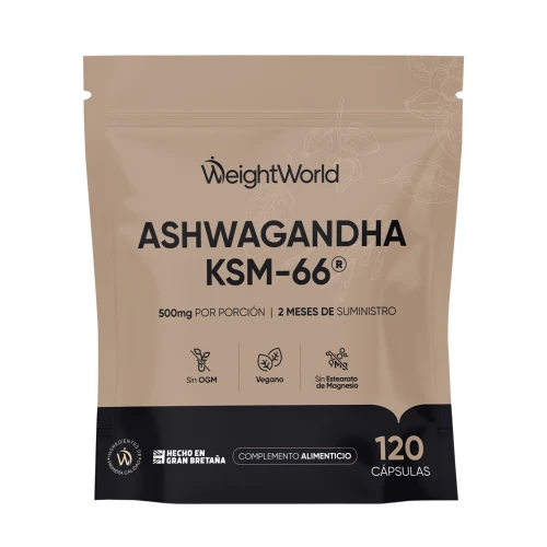 Cápsulas de Ashwagandha KSM-66 500 mg - Suplemento Vegano, sin OGM ni Estearato de Magnesio