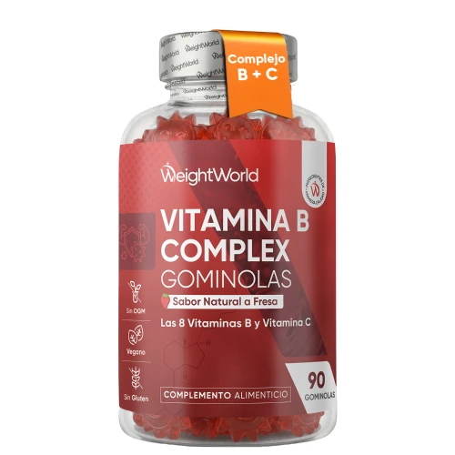 Gominolas de Vitamina B Complex · 8 Vitaminas B + Vitamina C · Sabor Fresa · 90 Gummies Veganas